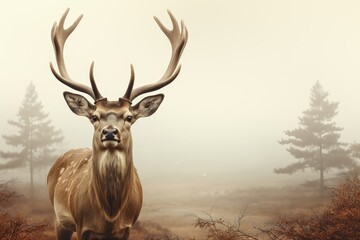 A Christmas background image for creative content showcasing a reindeer in a misty, enchanting forest. Photorealistic illustration