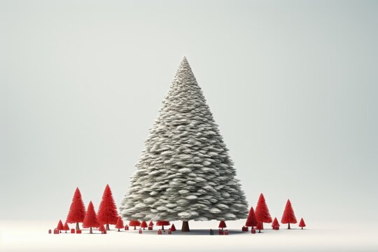 A Christmas background image featuring an illustrated, gigantic Christmas tree surrounded by small red trees, all set against a white background. Photorealistic illustration