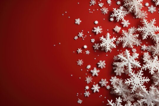 A Christmas background image set against a Christmas red backdrop, adorned with delicately placed snowflakes and space for customization. Photorealistic illustration