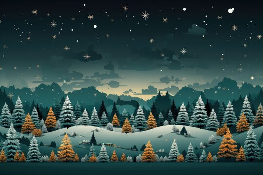 A Christmas background image showcasing an illustrated starry night sky over a tranquil forest, creating a magical and whimsical ambiance. Illustration