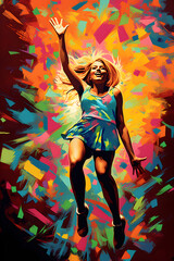 A blonde dancing girl dancing freely and without limits. Colorful abstract background. Pop art style.