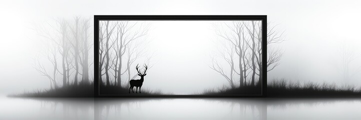 A wide-format, black and white Christmas background image for creative content, featuring a framed image of a reindeer against a foggy landscape. Photorealistic illustration