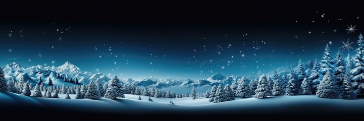 A wide-format Christmas background image for creative content showcasing gently falling snow over a pristine, snow-blanketed forest and majestic mountains. Photorealistic illustration