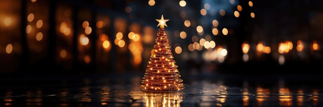 A wide-format Christmas background image for creative content showcasing a solitary miniature Christmas tree with blurred holiday lights in the background. Photorealistic illustration