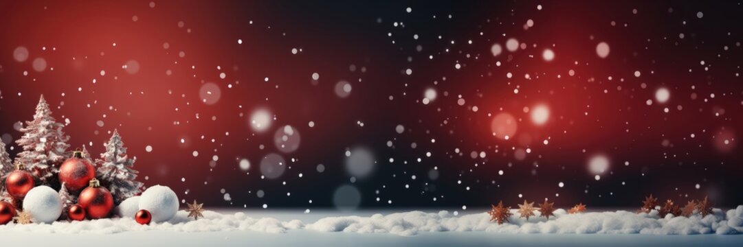 A wide-format Christmas background image for creative content set against a Christmas red background, with falling snow and festive decorations. Photorealistic illustration