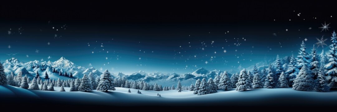 A wide-format Christmas background image for creative content showcasing gently falling snow over a pristine, snow-blanketed forest and majestic mountains. Photorealistic illustration