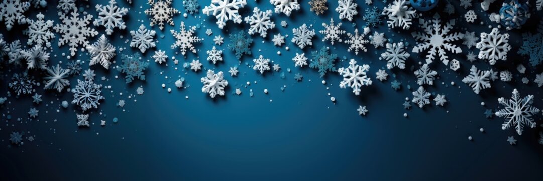 A wide-format Christmas background image for creative content adorned with a variety of beautifully decorated snowflakes set against a tranquil blue background. Photorealistic illustration