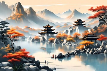 Centerpiece of the painting is a majestic mountain range, its peaks shrouded in mist and crowned with ancient pine trees.  - obrazy, fototapety, plakaty