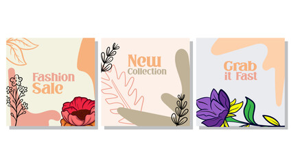 abstract background with hand drawn elements with flowers, green branches and leaves in templates for social media stories and post, wedding invitation, greeting card, packaging, branding, design