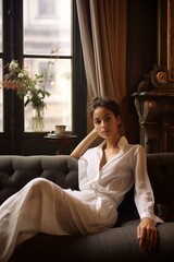 Obraz premium a photo of gorgeous young caucasian woman sitting on a couch in a luxurious posh living room, parisian style interior with tall windows, white paneled walls, fireplace, golden sophisticated decoration