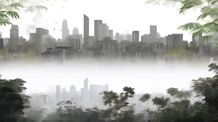 The Skyscrapers Are Seen in Foggy and Cloudy Sky Art Painting