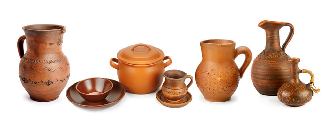 A set of pottery isolated on a white background. Wide photo. Free space for text. Collage.