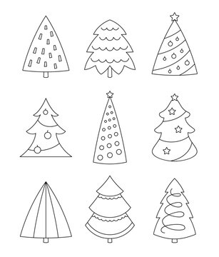 Christmas tree. Coloring Page. Holiday party and celebration. Happy New Year. Vector drawing. Collection of design elements.