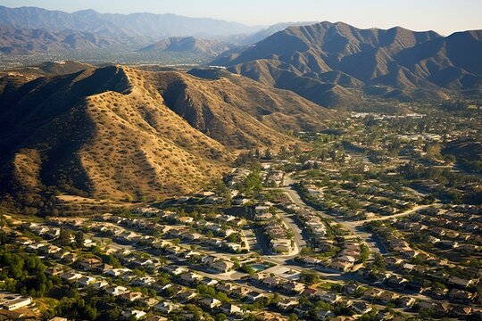 Aerial View of Tidy and Modern Homes, Community and Rocky Peak Mountain Park near Los Angeles in Simi Valley, California, USA