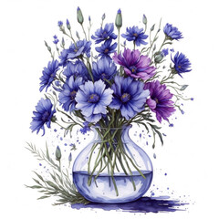 Vase of cornflowers clipart white background illustration created with AI generative technology tools