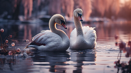 Couple of Swans Swimming on a Lake Under Moonlight Snowy Winter Day - obrazy, fototapety, plakaty