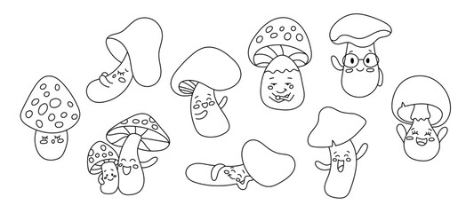 Cute mushrooms characters. Coloring Page. Forest wild fungus in cartoon style. Vector drawing. Collection of design elements.