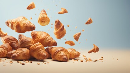 Advertisement studio banner with freshly baked french butter croissants flying in the air on pastel gradient background. Food ingredient levitation.