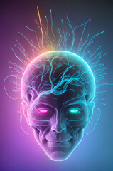 human head with brain, neuronal tendrils - obrazy, fototapety, plakaty