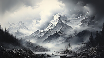 Charcoal Pencil Sketch Black and White Ominous and Icy Mountains High in the Cloudy Sky