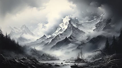 Fotobehang Charcoal Pencil Sketch Black and White Ominous and Icy Mountains High in the Cloudy Sky © Image Lounge