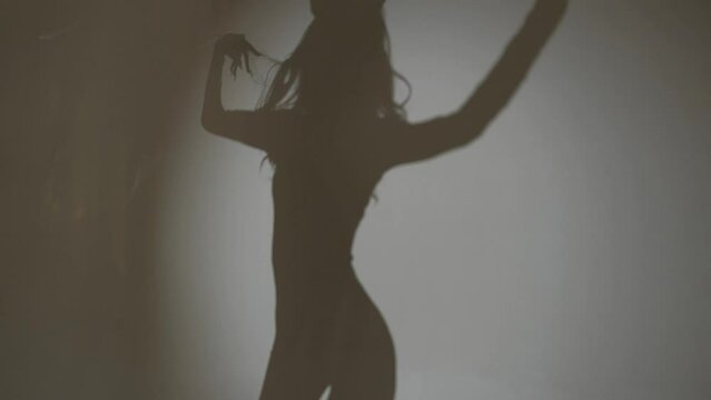 Silhouette of a dancing woman with a beautiful figure on a gray background. The shadow of a graceful body.