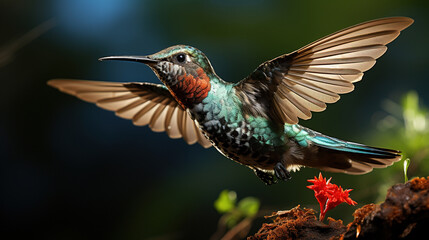 Fototapeta premium Exotic Colorful Colibri Humming Bird Mid Flight on a Flower Tree Selective Focus