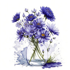 Vase of cornflowers clipart white background illustration created with AI generative technology tools