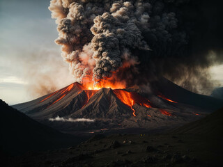 Volcanic mountain in eruption. Lava flow from volcano