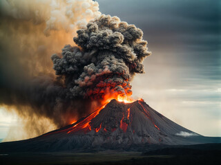 Volcanic mountain in eruption. Lava flow from volcano