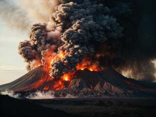 Volcanic mountain in eruption. Lava flow from volcano