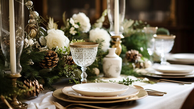 Holiday Table Decor, Christmas Holidays Celebration, Tablescape And Dinner Table Setting, English Country Decoration And Home Styling