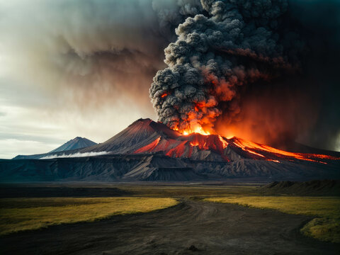 Volcanic mountain in eruption. Lava flow from volcano