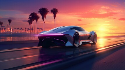 Surreal futuristic sports car, technological supercar at sunset, futuristic electric car