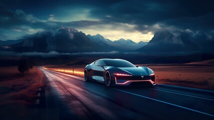 Surreal futuristic sports car, technological supercar at sunset, futuristic electric car