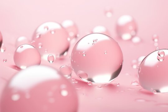 Three-dimensional transparent water drops on soft pink background, simple abstract wallpaper, simple abstract pink background