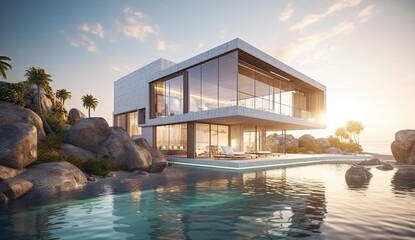 Design house - modern villa with open plan living and private bedroom wing. Large terrace with privacy and, swimming pool. Generative AI. - obrazy, fototapety, plakaty
