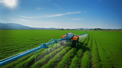 Automated agricultural robot sprinkling water on a vibrant vegetable field against a clear blue sky. Concept of future smart farming and new technologies in agriculture. Spring agricultural landscape - obrazy, fototapety, plakaty