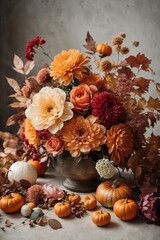 Fototapeta na wymiar Autumn composition made of beautiful flowers. Floristic decoration. Natural floral background