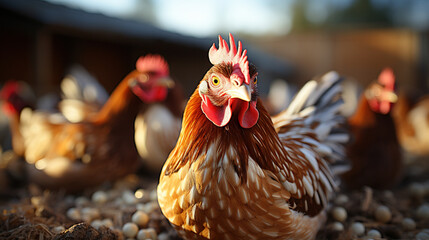 A Flock of Chickens in a Rustic Farmyard Pecking at a Pile of Lobster Shells Selective Focus