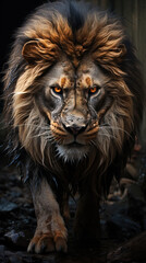 A Big Fierce Male Lion Face Walking in Forest and Looking At Camera Selective Focus