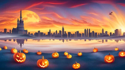 Papier Peint photo Skyline halloween pumpkin in the city