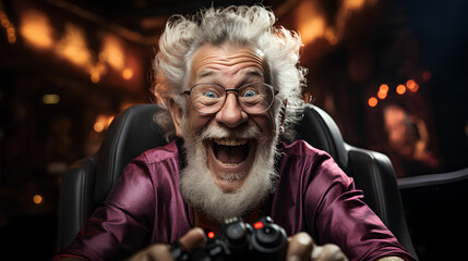 Obraz premium Cheerful senior man playing video games sitting in a chair at home