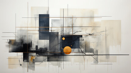 Grey, Yellow, Black and White Color Lines and Square Boxes Draw With Thick Paint Brush Strokes