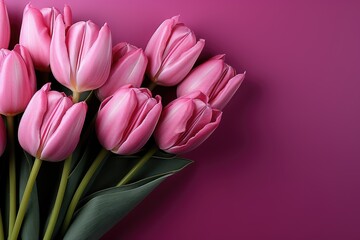 Obraz premium tulips on purple background, copy space