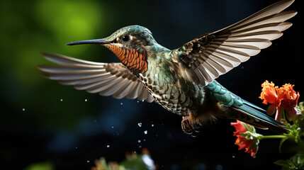 Exotic Colorful Colibri Humming Bird Mid Flight on a Flower Tree Selective Focus