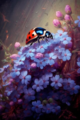 Fototapeta premium Ladybug sitting on top of a small delicate purple lilac flowers. Generative AI