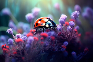 Ladybug sitting on top of a small delicate purple lilac flowers. Generative AI