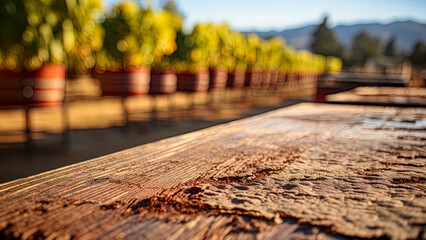 Aged wooden table with rough and weathered texture on blurred vineyard background