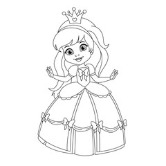 Beautiful Princess Coloring Page. Magical And Cute Coloring Book For Children. Outlined Illustration Of A Little Princess. Pretty Cartoon Princess With Big Eyes Wearing Beautiful Dress